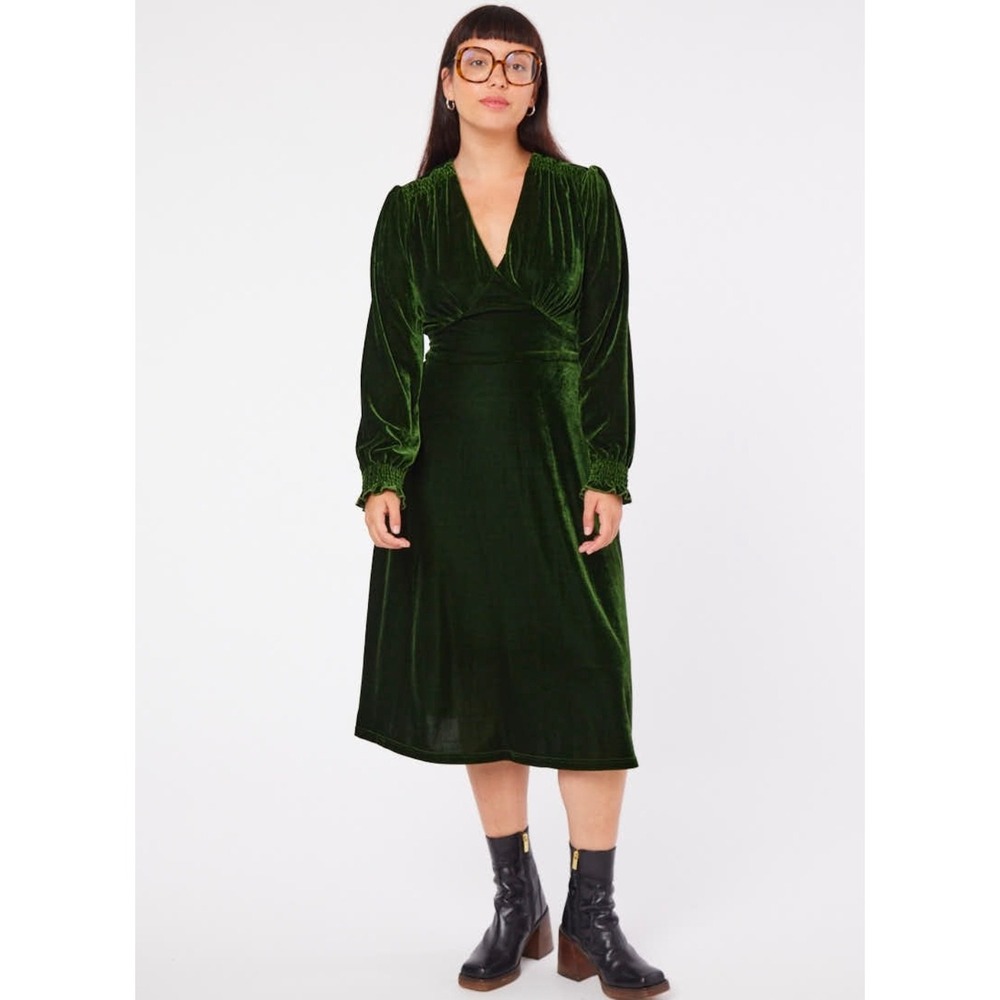 Joanie Green Velvet V-Neck Midi Dress Long Sleeve Smocked Cuff Forest Green 18